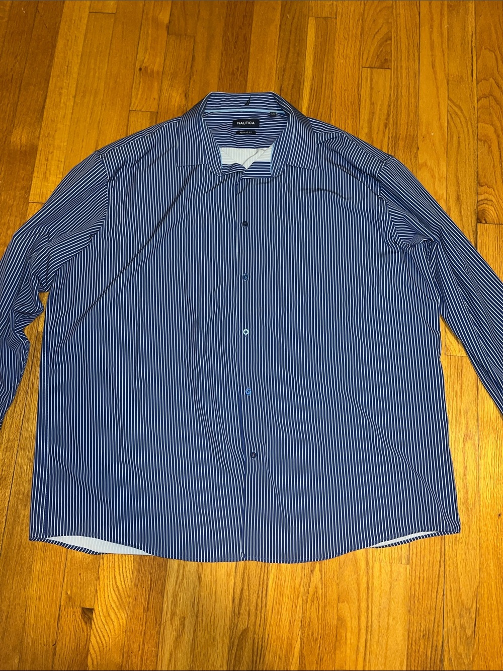 Nautica Navy and White Vertical-Stripe Dress Shirt